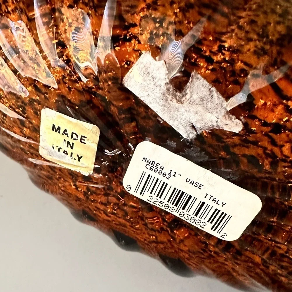 Sasaki Italian Crystal Vase Hand Crafted Marea 11” Tear Drop Ribbed Tiger’s Eye